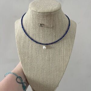 #57. Handmade Blue Beaded Choker Necklace with Pearl Drop